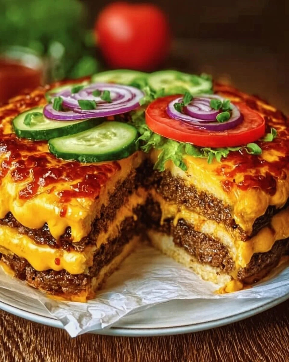 Leckere Käseburger-Torte auf einem Teller, perfekt für Feiern.