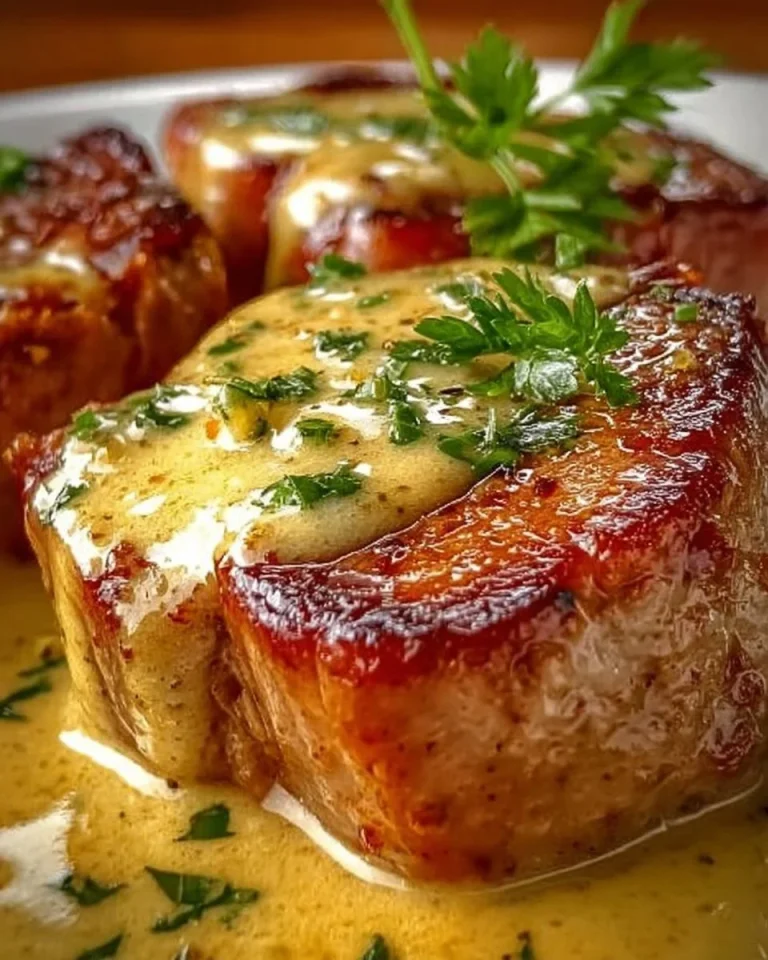 Kasseler in Honig-Senf-Sahne serviert mit Beilagen