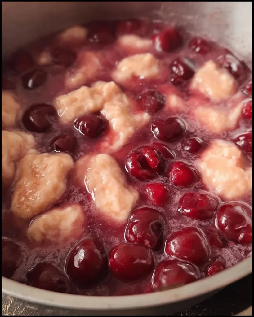 Schüssel mit Kirschsuppe und Klüten (Mehlklöße), ein traditionelles Rezept.