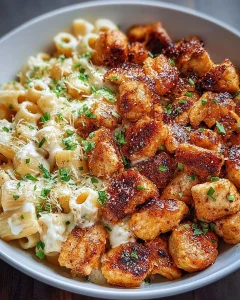 Knoblauchbutter-Hähnchenbissen serviert mit Parmesan-Pasta auf einem Teller