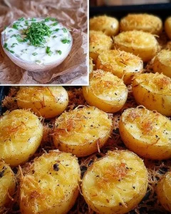 Knusprige Kartoffelhälften aus dem Ofen auf einem Teller serviert