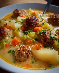 Kohlrabi-Möhren Eintopf mit saftigen Hackbällchen auf einem Teller serviert.