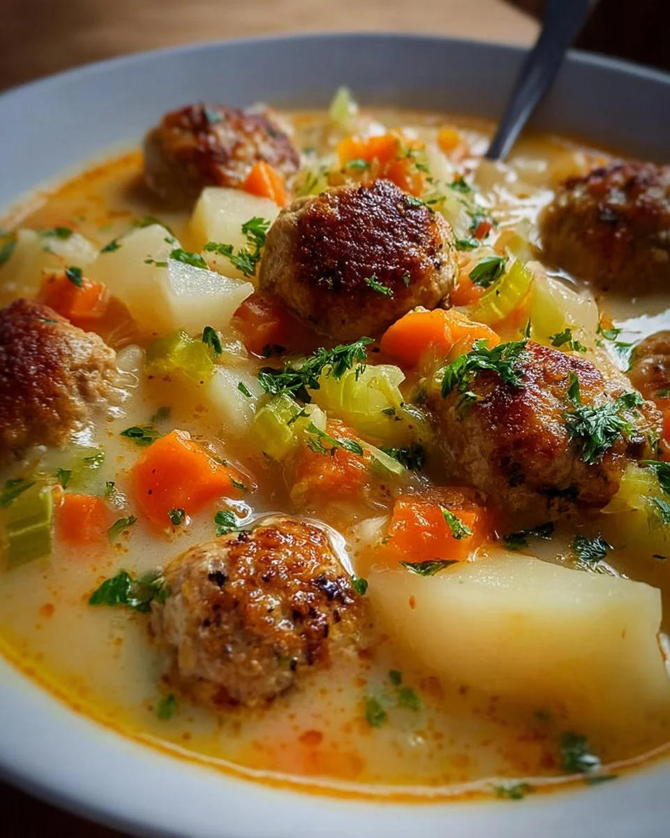 Kohlrabi-Möhren Eintopf mit saftigen Hackbällchen auf einem Teller serviert.