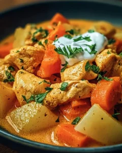 Leckere Kohlrabi-Möhren-Hähnchen-Pfanne auf einem Teller serviert