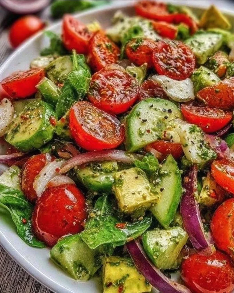 Frischer und köstlicher Salat mit buntem Gemüse und Dressing