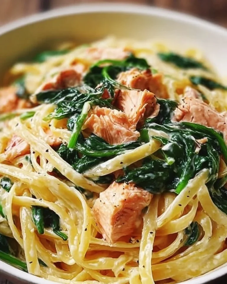 Köstliche Lachs Spinat Pasta auf einem Teller serviert mit frischem Gemüse.