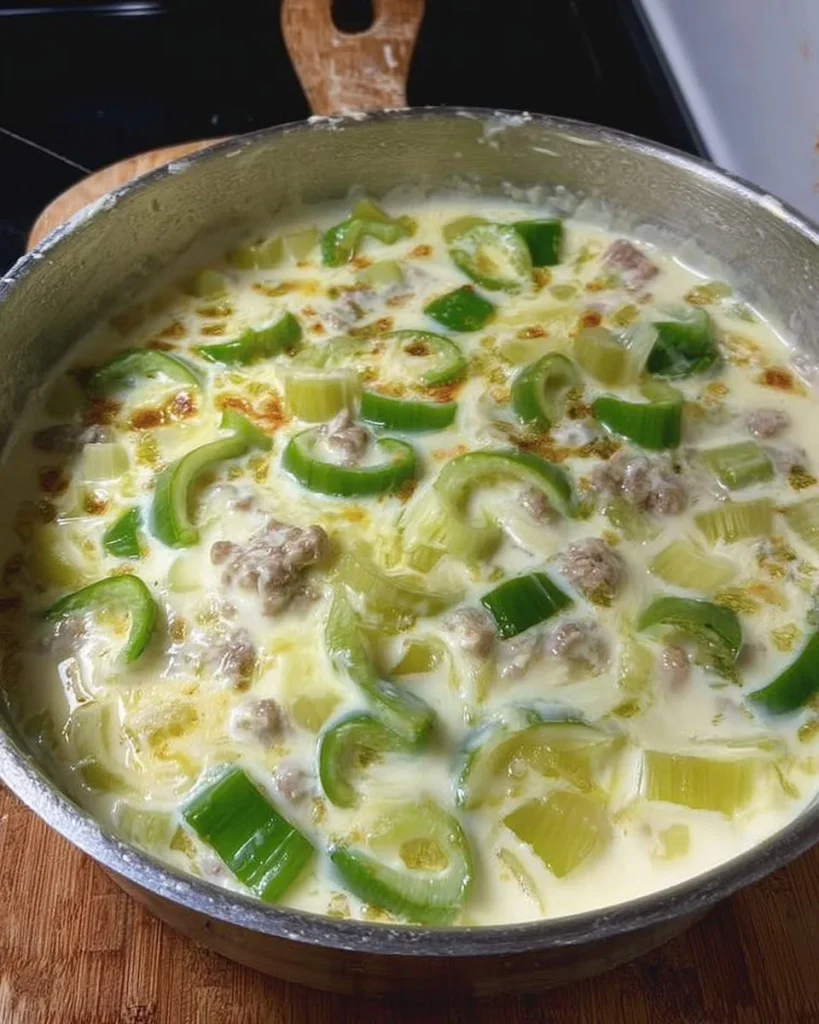 Cremige Käse-Lauch-Suppe in einer Schüssel mit frischen Zutaten