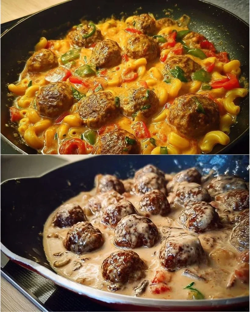 Leckere Makkaroni mit Hackbällchen-Ragout auf einem weißen Teller serviert