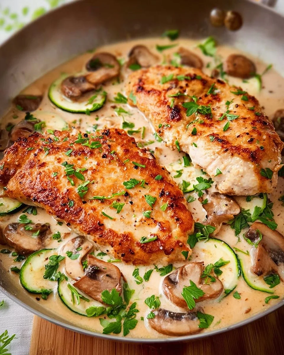 Mediterranes Chicken Schnitzel mit Zucchini und Feta auf einem Teller angerichtet.