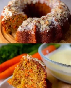 Saftiger Möhrenkuchen mit Mandeln, dekoriert mit einer Zuckerglasur