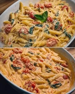 Nudeln mit Feta und Tomaten aus dem Ofen, überbackenes Gericht