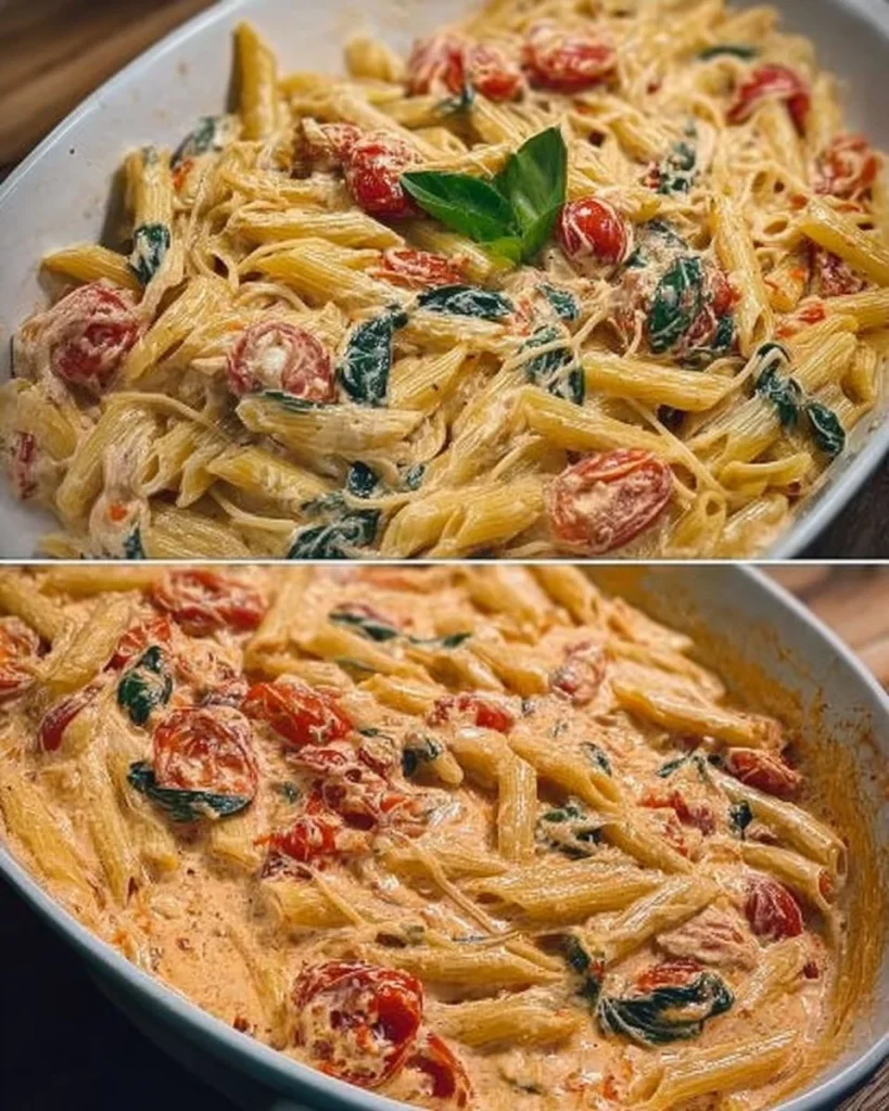 Nudeln mit Feta und Tomaten aus dem Ofen, überbackenes Gericht