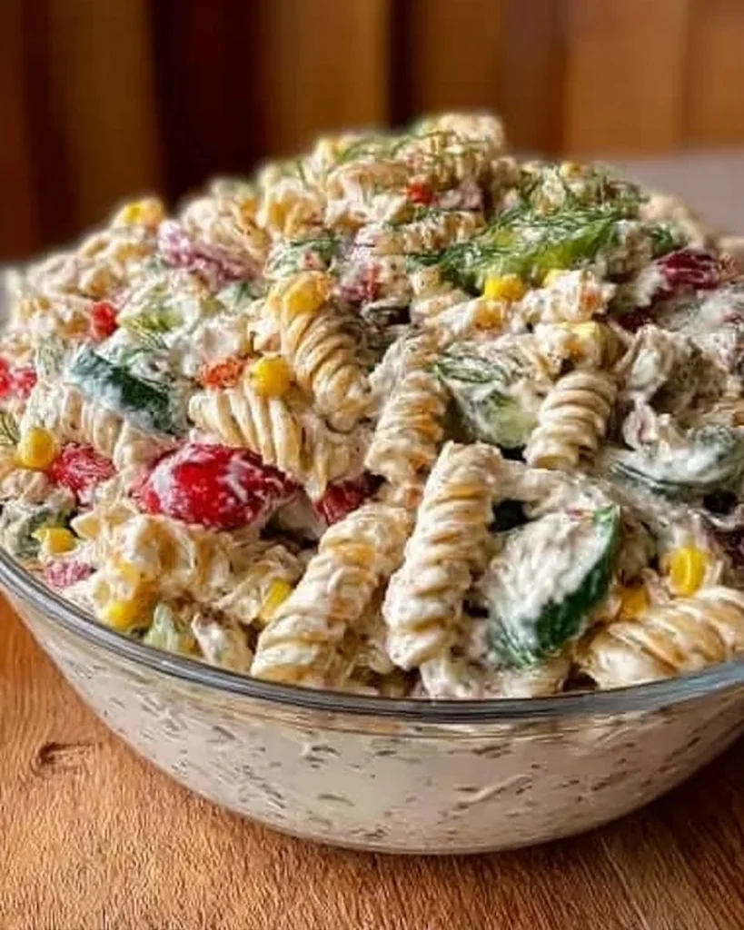 Nudelsalat mit Joghurtsoße auf einem Teller serviert