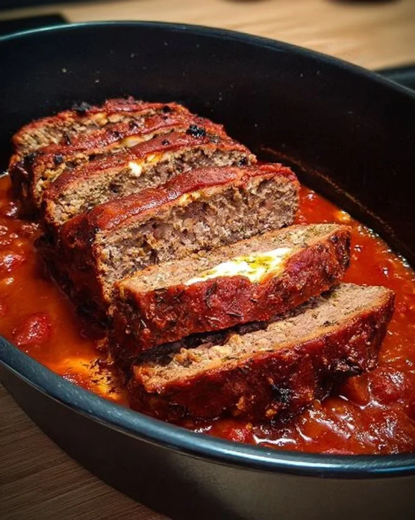 Paprika-Feta-Hackbraten aus dem Backofen mit Tomatensauce auf einem Teller serviert.