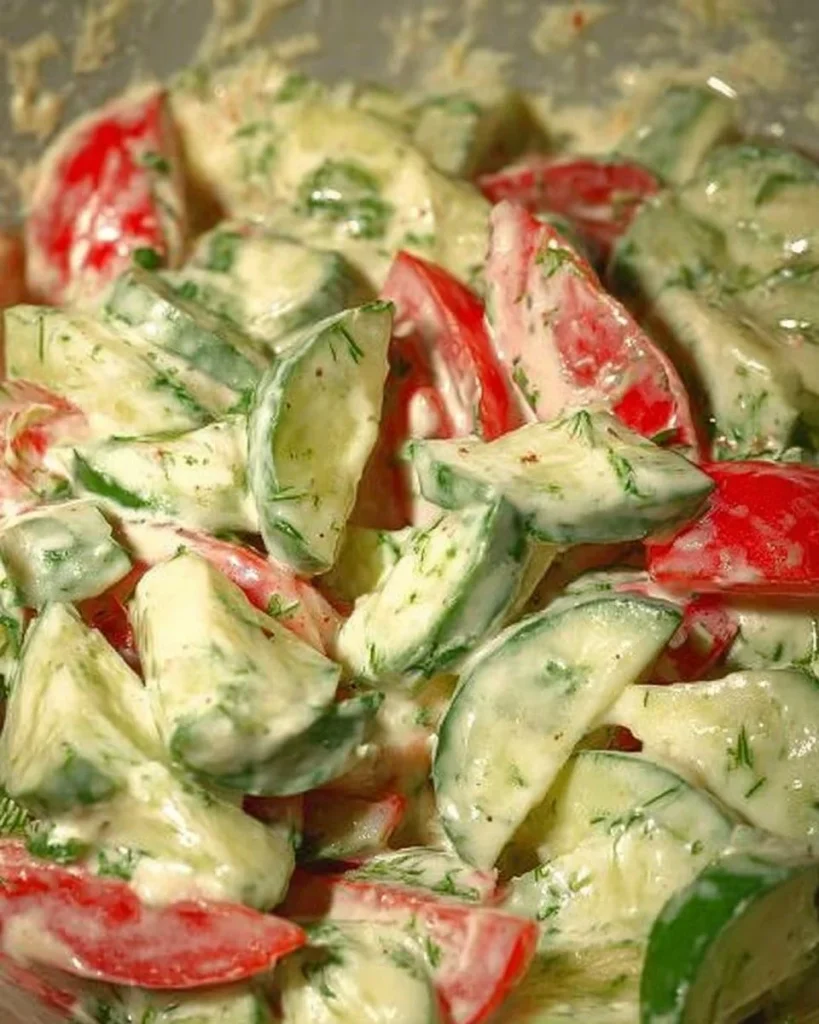 Paprika Gurken Salat mit Joghurt Senf Dressing auf einem weißen Teller