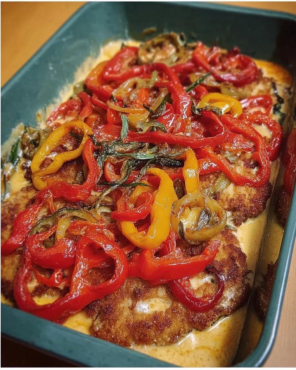 Paprika-Rahm-Schnitzel mit einer cremigen Sauce und frischem Paprika