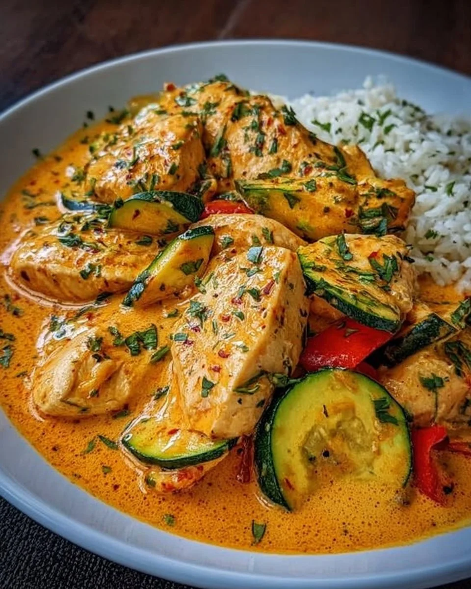 Paprika Zucchini Sahne Hähnchen Gericht auf einem Teller