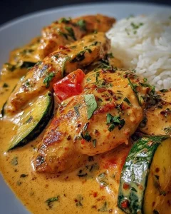 Leckeres Paprika Zucchini Sahne Hähnchen auf einem Teller serviert