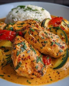 Paprika-Zucchini-Sahne-Hühnchen auf einem Teller