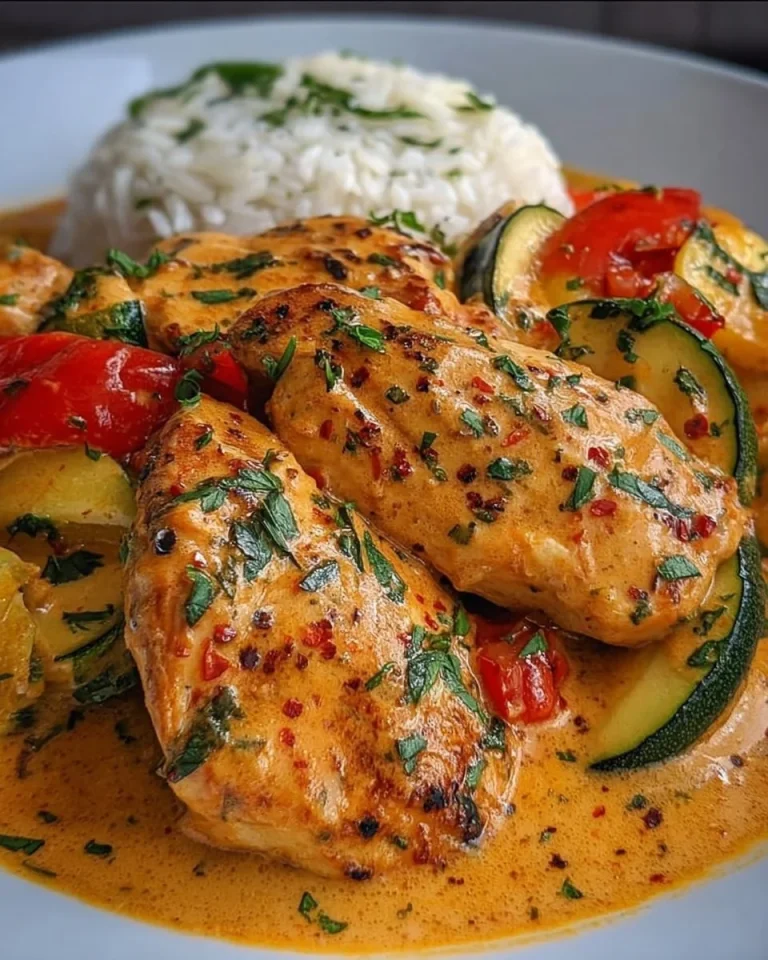Paprika-Zucchini-Sahne-Hühnchen auf einem Teller