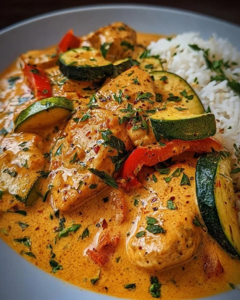 Paprika-Zucchini-Hühnchen in cremiger Sahnesauce serviert