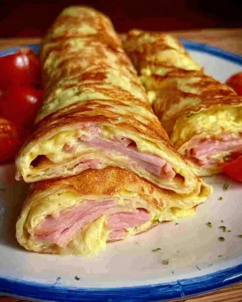 Pfannkuchen gefüllt mit Schinken und Käse auf einem Teller