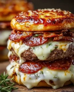 Leckere Pizza-Burger mit frischen Zutaten und geschmolzenem Käse.