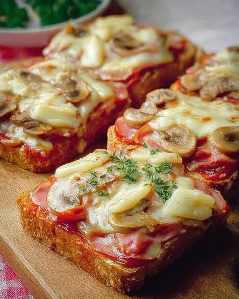 Pizza-Toast mit Schinken auf einem Teller serviert