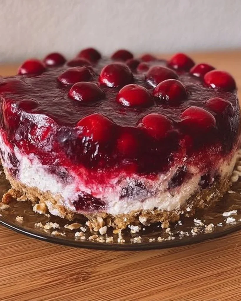 Leckere Prinzenrolle Torte mit Kirschen auf einem Teller