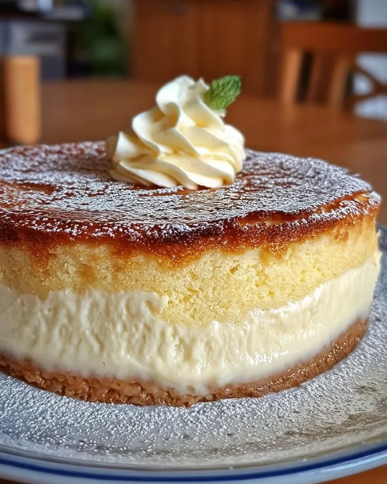 Quark-Schneekuchen mit Vanillepudding auf einem Teller serviert