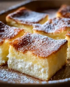 Quarkkuchen vom Blech mit Vanillepudding auf einer weißen Servierplatte
