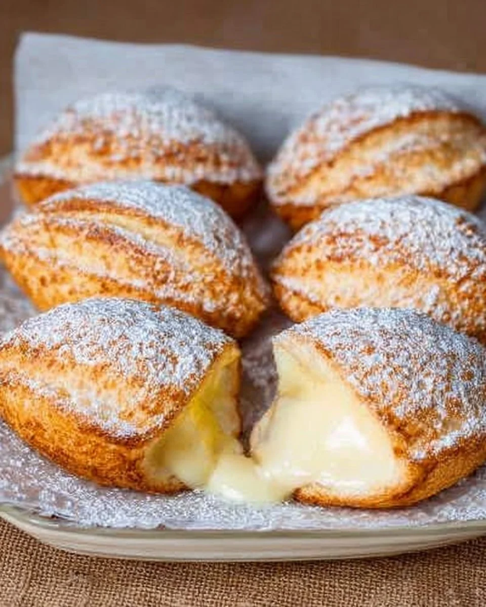 Quarktaschen gefüllt mit Vanillepudding auf einem Teller