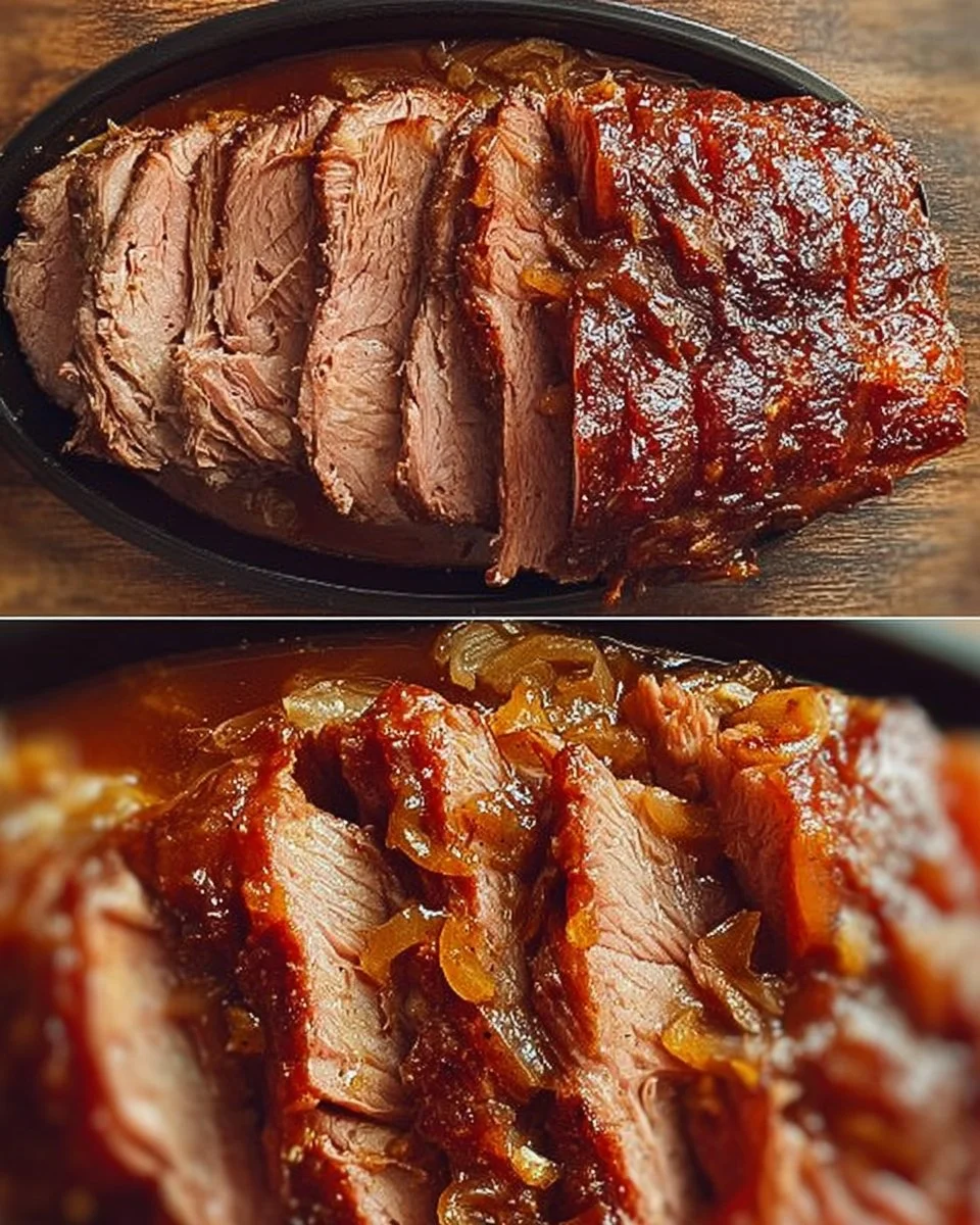 Saftiger Räuberbraten aus dem Ofen auf einem Servierteller