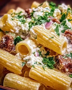 Rigatoni in Hack-Feta-Creme serviert auf einem Teller mit frischen Kräutern.