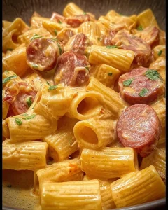 Rigatoni mit Wurst und cremiger Käsesoße auf einem Teller