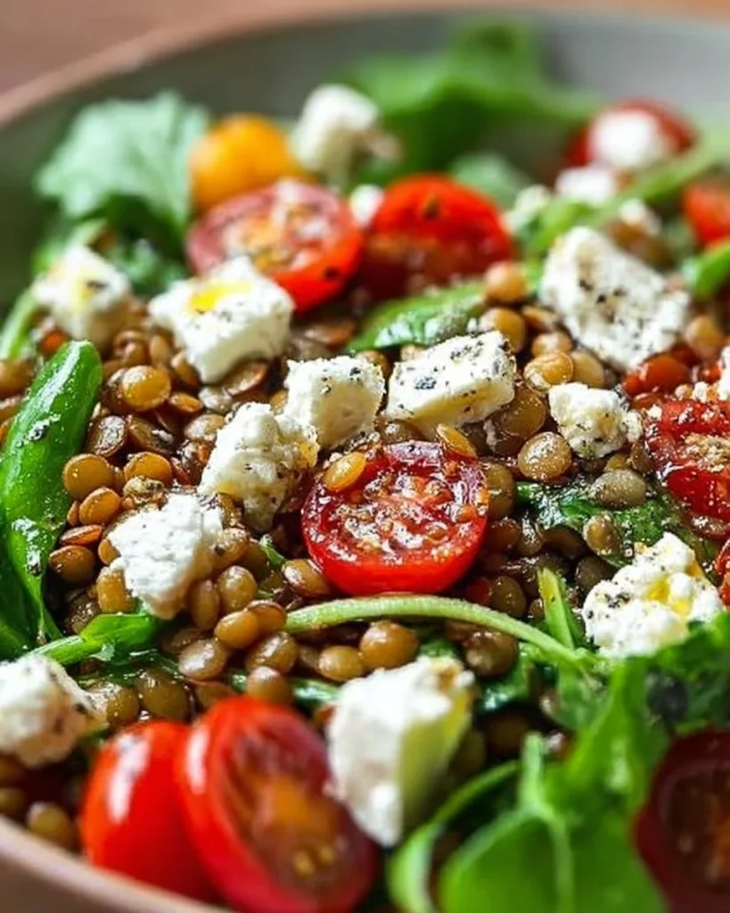 Rote-Linsen-Salat mit Schafskäse, frisch zubereitet und ansprechend angerichtet
