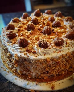 Leckere SAHNE-NUSS-TORTE mit Sahne und Nüssen auf einer eleganten Tortenplatte.