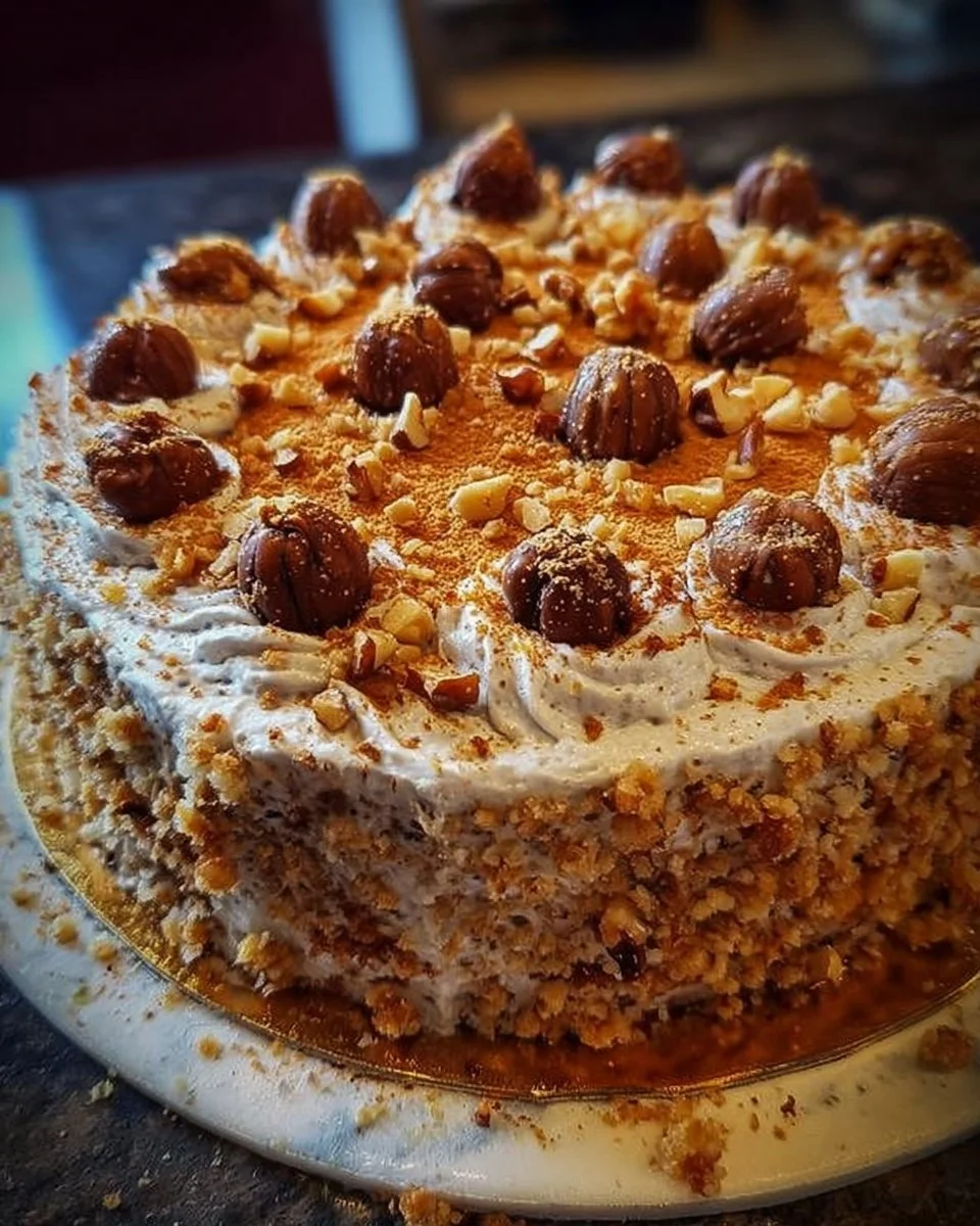 Leckere SAHNE-NUSS-TORTE mit Sahne und Nüssen auf einer eleganten Tortenplatte.