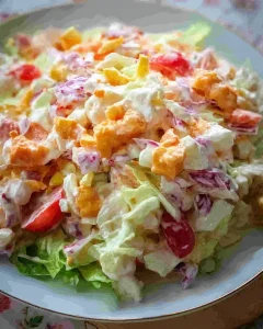Bunte Salatvariation mit frischem Gemüse und Dressing auf einem Holzbrett.