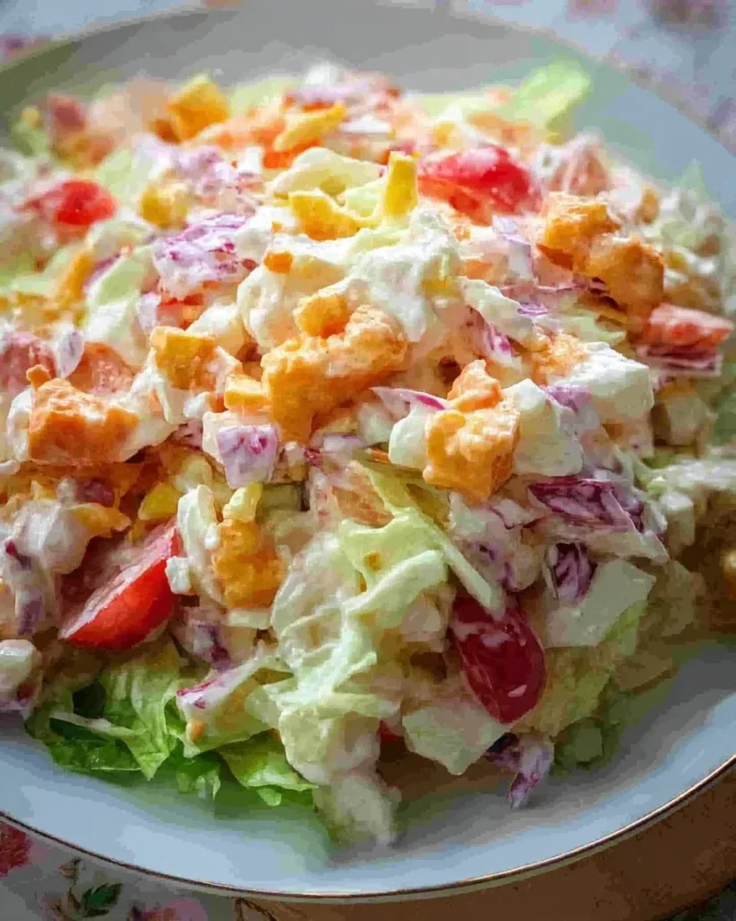 Bunte Salatvariation mit frischem Gemüse und Dressing auf einem Holzbrett.