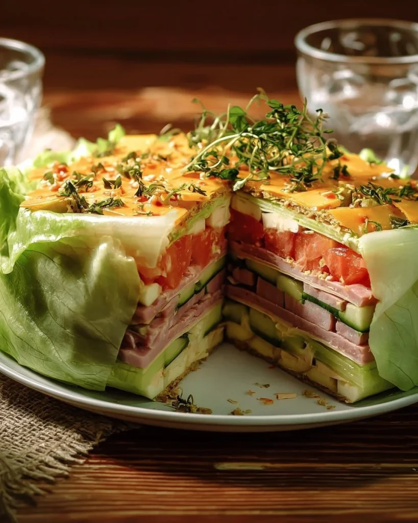 Verschiedene Salattorten dekoriert für ein ansprechendes Buffet.