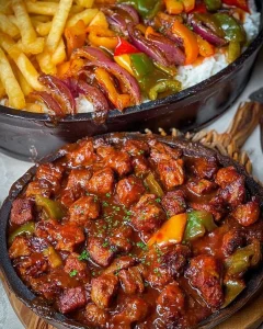 Köstlicher Schaschliktopf aus dem Backofen mit herrlicher Soße