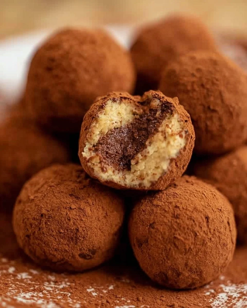 Schnelle Tiramisu-Bällchen auf einem Teller, verziert mit Kakaopulver.