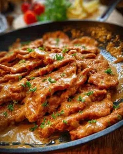 Schnitzelstreifen in einer cremigen Senfsahnesoße serviert.