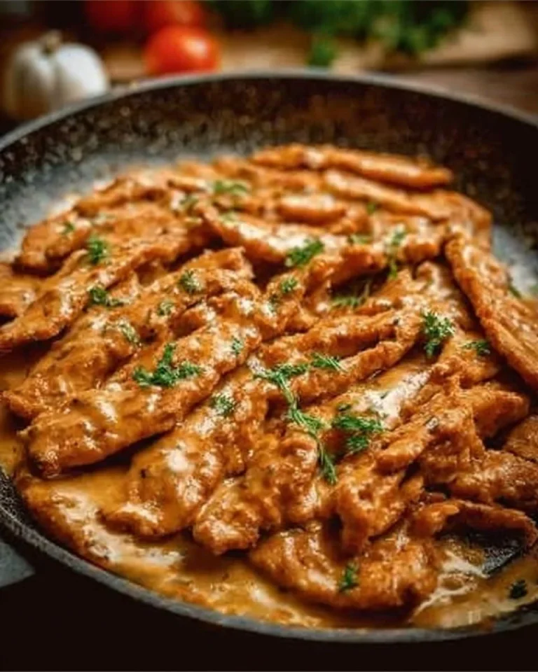 Schnitzelstreifen in cremiger Senfsahnesoße auf einem Teller angerichtet.