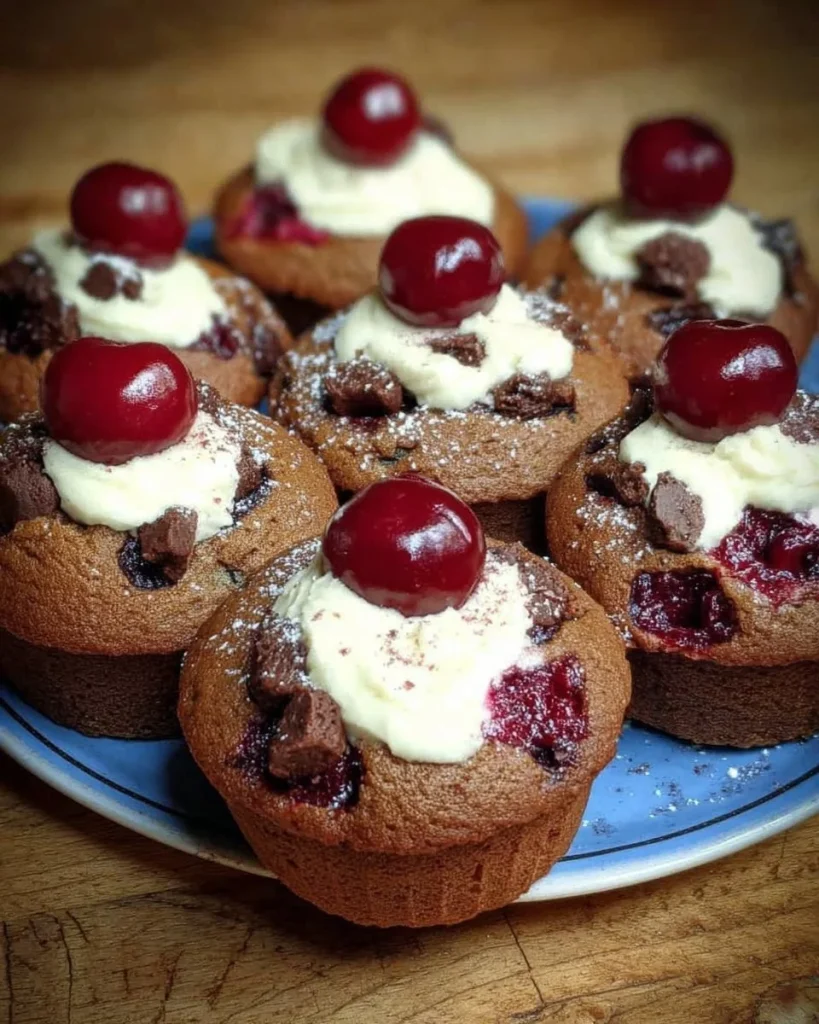Schwarzwälder Kirsch-Muffins mit Schokolade und Kirschen auf einem Teller