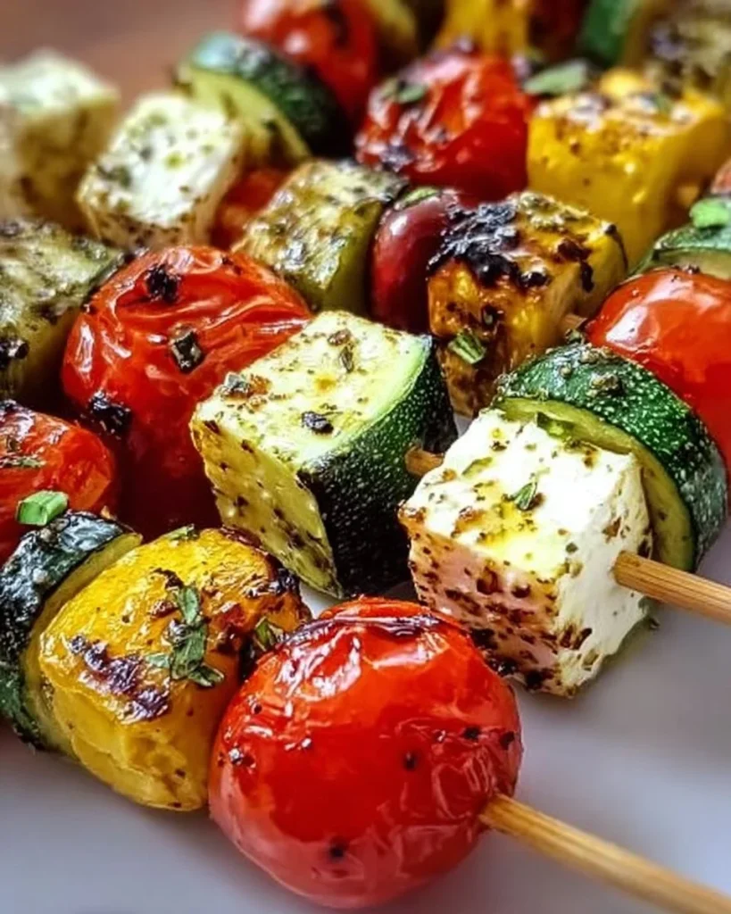 Sommerliche Antipasti-Spieße mit Feta auf einem Tisch angerichtet