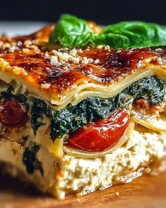 Spinatlasagne mit Feta und Tomaten auf einem Teller serviert
