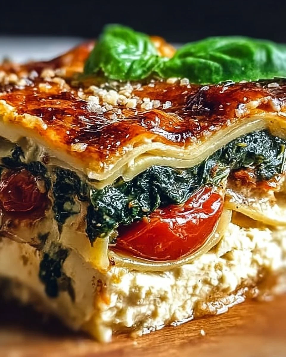 Spinatlasagne mit Feta und Tomaten auf einem Teller serviert