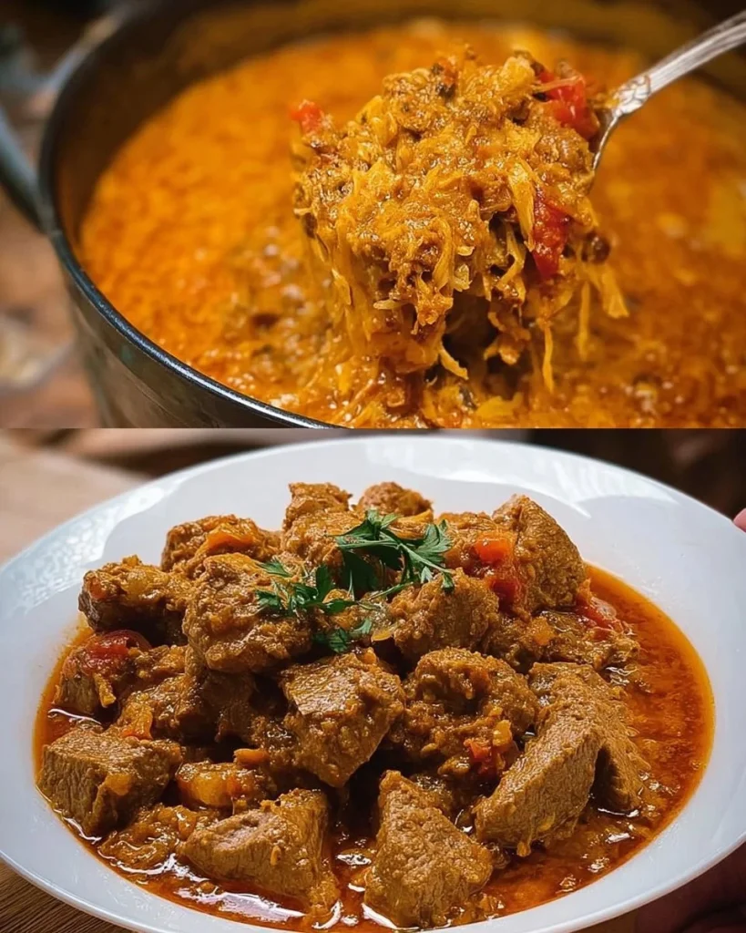 Szegediner Gulasch mit zartem Fleisch und Paprika serviert auf einem Teller.